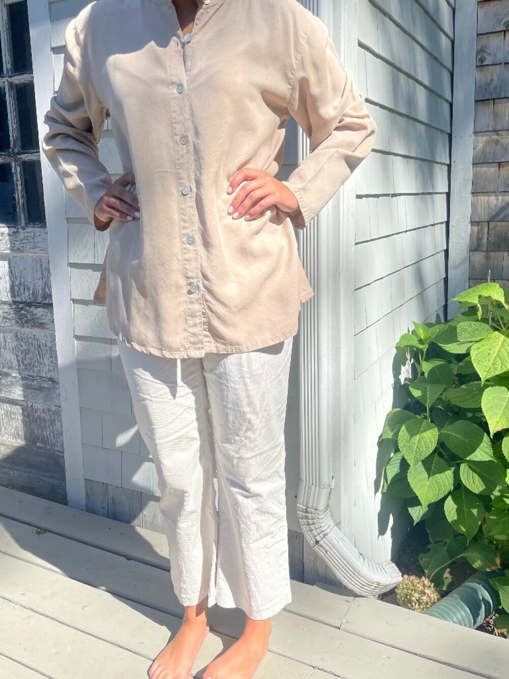 Toofan Colarless Button-Front Tunic Blouse, Size L